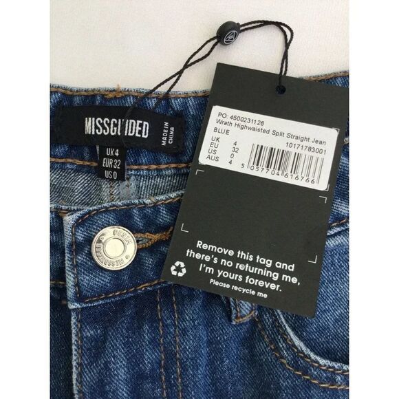 Missguided High Waisted Wrath Jeans Straight Leg Split Hem Size 0 Dark Blue NEW - Picture 12 of 13